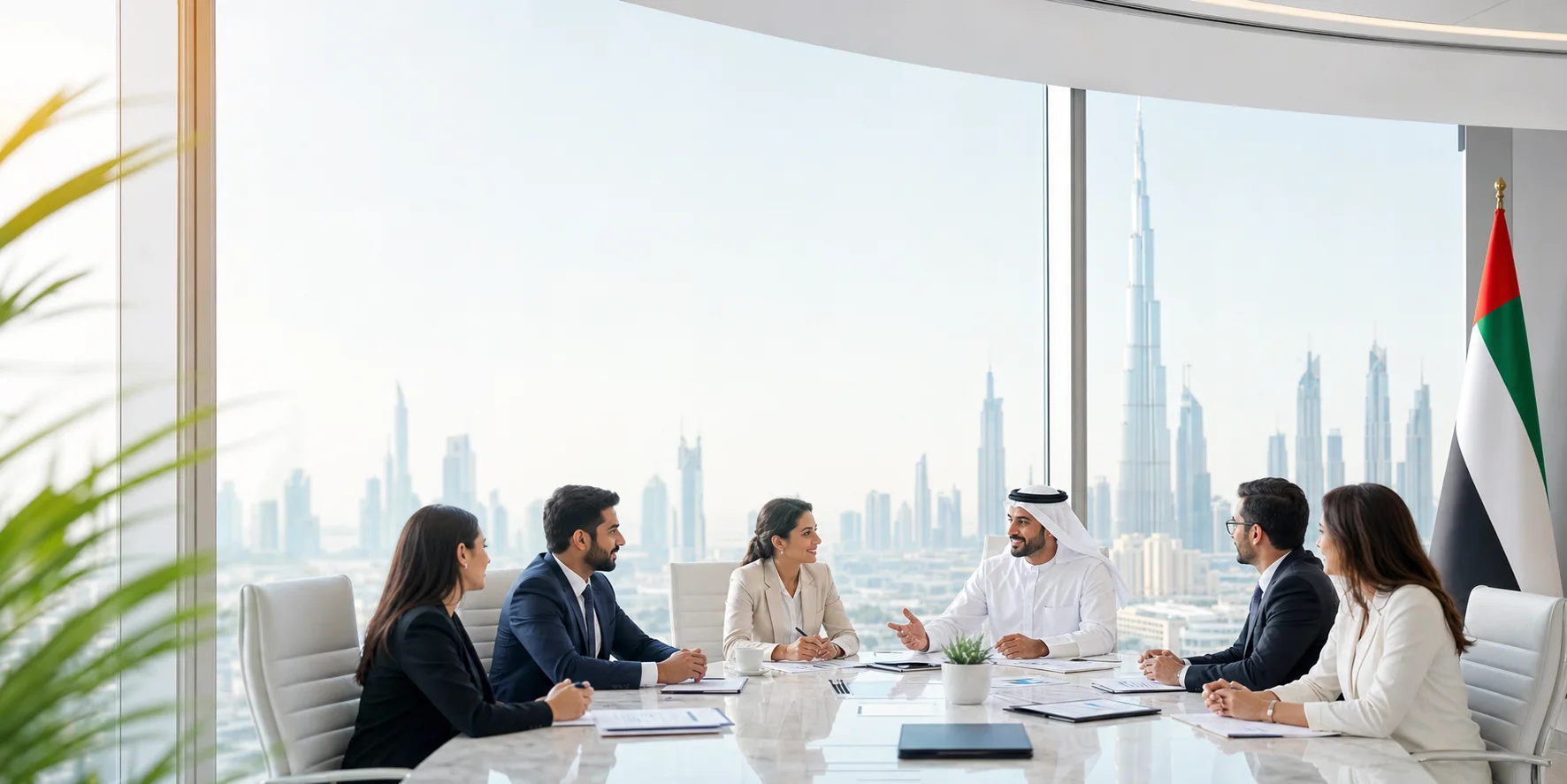 Business professionals meeting in Dubai with UAE flag